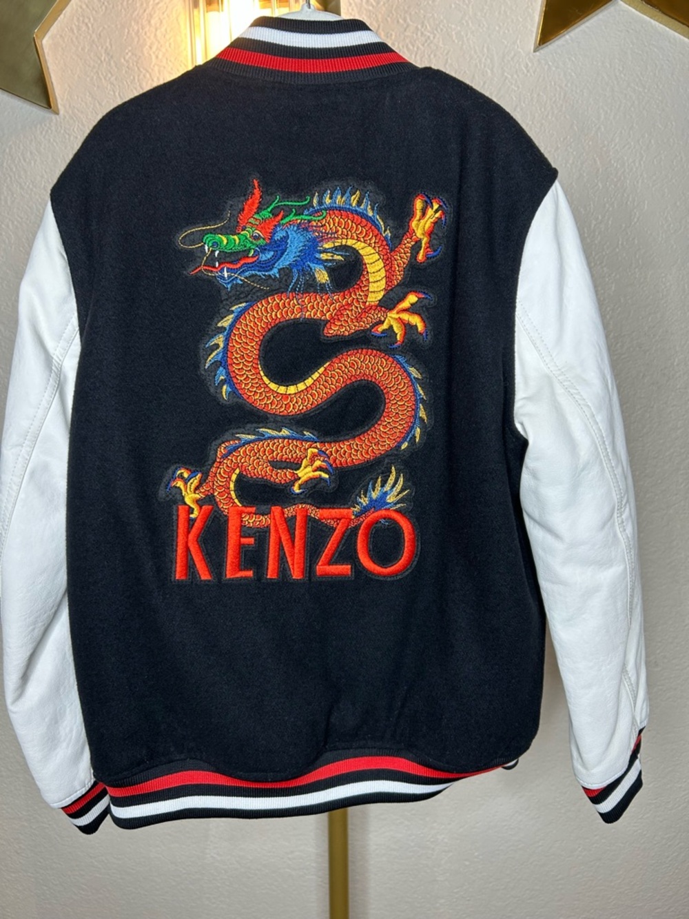 Kenzo Black and White Varsity Jacket with Blue Tiger Patch